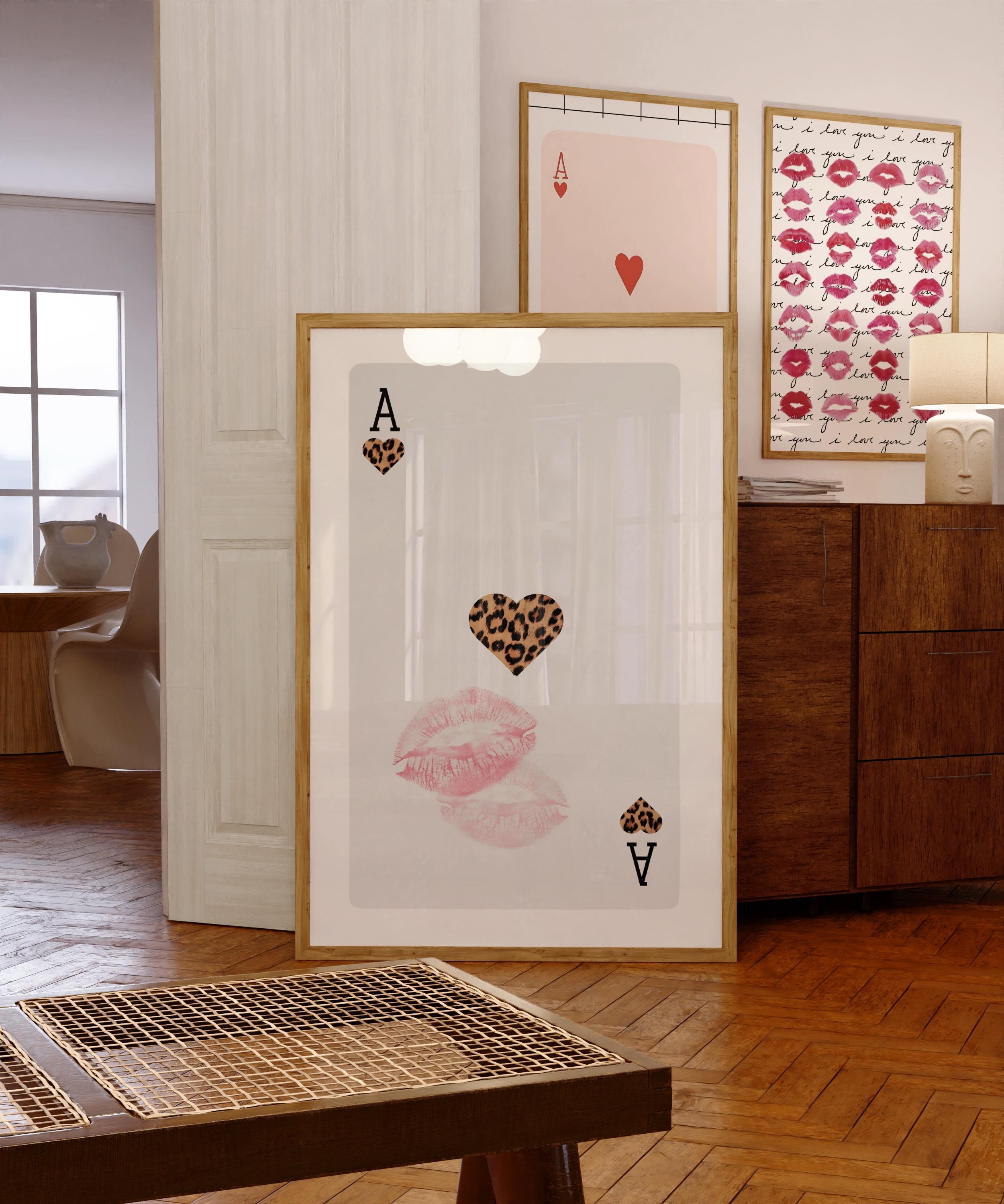 Trendy Leopard Wall art, Playing Card Print, Girly Retro Kiss Lips, Ace Of Hearts, Femme Fatale Print Cheetah Pattern Style Artwork Poster