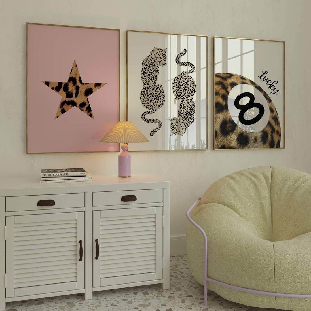 Set of 3 Leopard Cheetah Wall Art Print, 8 Ball Print, Pool Ball Lucky ...