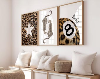 Set of 3 Leopard Prints Cheetah Print 8 Ball Lucky  Neutral Room Decor, Aesthetic Wall Print, Trendy Art Print, Retro Gallery Decor Download