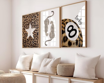 Set of 3 Leopard Prints Cheetah Print 8 Ball Lucky  Neutral Room Decor, Aesthetic Wall Print, Trendy Art Print, Retro Gallery Decor Download
