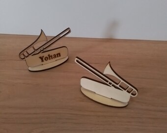 Personalized wooden trombone music place cards