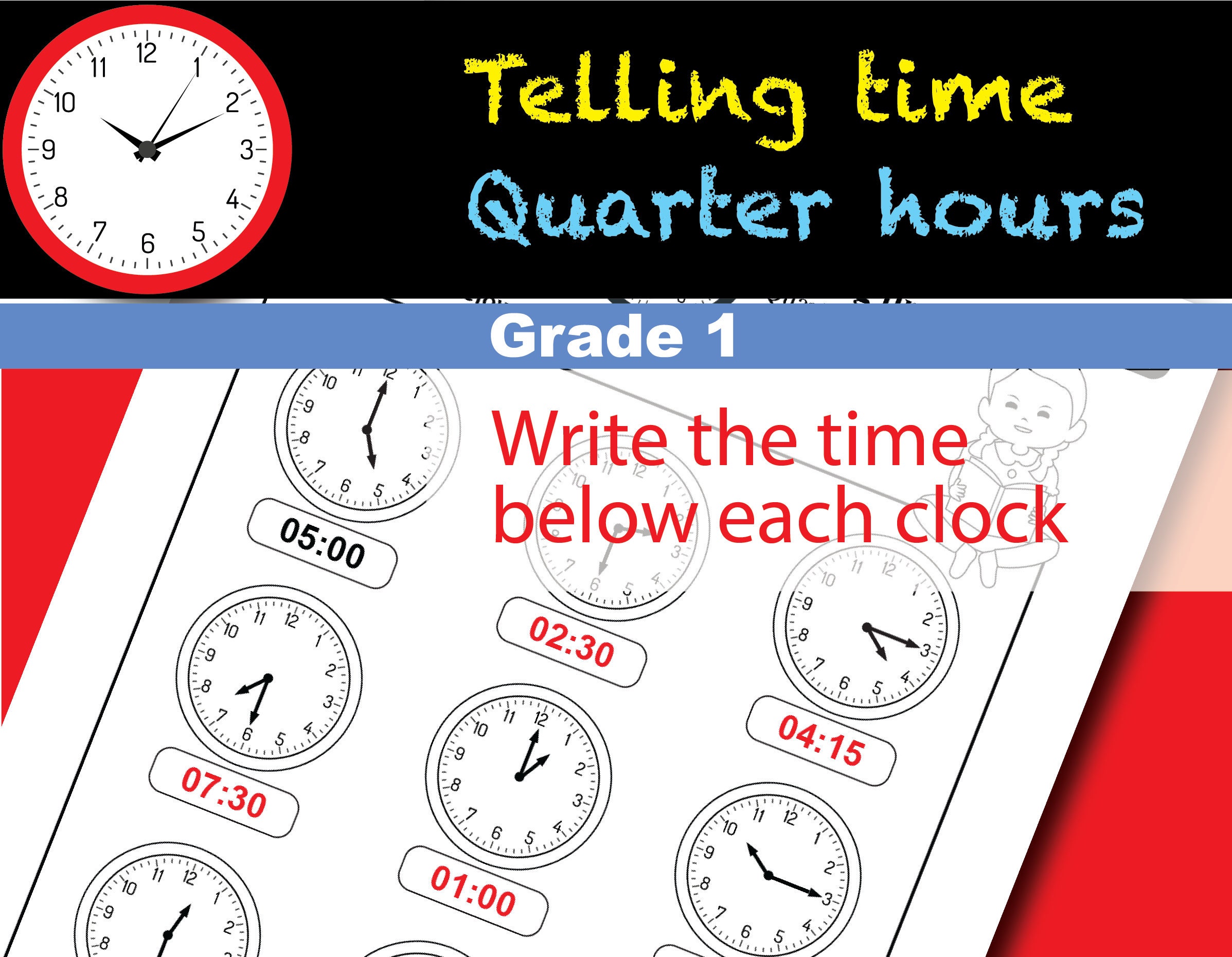 time telling time quarter hours write the time below etsy