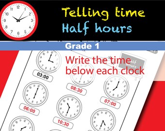 time telling time half hours draw the time shown on each etsy