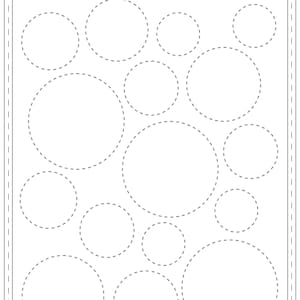 Puede incluir: Una hoja de trabajo con el título "Circle Shape" y un contorno de línea discontinua de 15 círculos de diferentes tamaños. La hoja de trabajo está diseñada para que los niños practiquen el trazado de círculos.