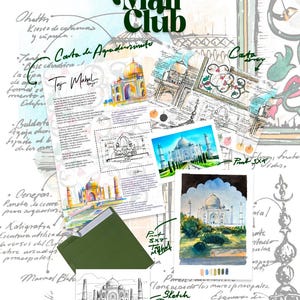 May include: A collection of Taj Mahal themed stationery including a printed information sheet, a 3x4 inch print, a 5x7 inch print, a 4x6 inch sketch sticker, and a dark green envelope, all arranged over a background of architectural sketches.
