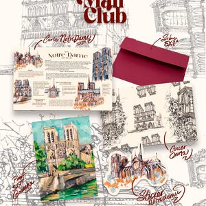 May include: A stationery set featuring the Artch Mail Club logo, a 5x7 inch Notre Dame informational card, a 5x7 inch maroon envelope, a 5x7 inch gouache painting print, a Notre Dame sticker, and a folded card with black and white architectural sketches.