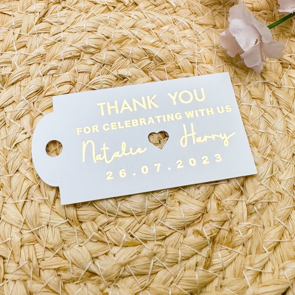 Étiquettes de remerciement dorées personnalisées pour cadeau de mariage, étiquettes de sac cadeau personnalisées, étiquettes de remerciement de mariage, merci de nous avoir célébrés