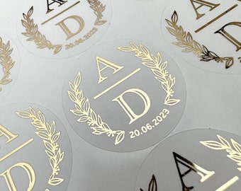 Adesivi iniziali di nozze sventati, adesivi personalizzati per bomboniere, adesivi monogramma in vera lamina d'oro, sigilli adesivi per buste smerigliate