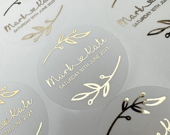 Foiled wedding stickers, Personalised Wedding Favour Stickers, Real Foil gold monogram stickers, Frosted envelope Stickers,  envelope seals