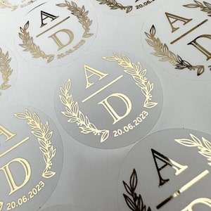 Pegatinas con iniciales de boda laminadas, pegatinas personalizadas para regalos de boda, pegatinas con monogramas laminados en oro real, pegatinas y sellos para sobres esmerilados