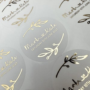 Foiled wedding stickers, Personalised Wedding Favour Stickers, Real Foil gold monogram stickers, Frosted envelope Stickers,  envelope seals