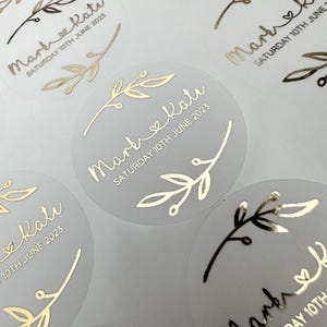 Foiled wedding stickers, Personalised Wedding Favour Stickers, Real Foil gold monogram stickers, Frosted Stickers