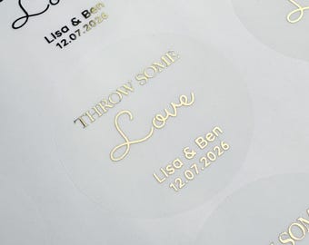 Personalized Foiled Wedding Confetti Stickers: Gold Favor Bag Labels