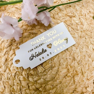 Etichette di ringraziamento in lamina d'oro per bomboniere personalizzate, etichette per sacchetti regalo personalizzate, etichette di ringraziamento per matrimoni, etichette regalo grazie per averci festeggiato