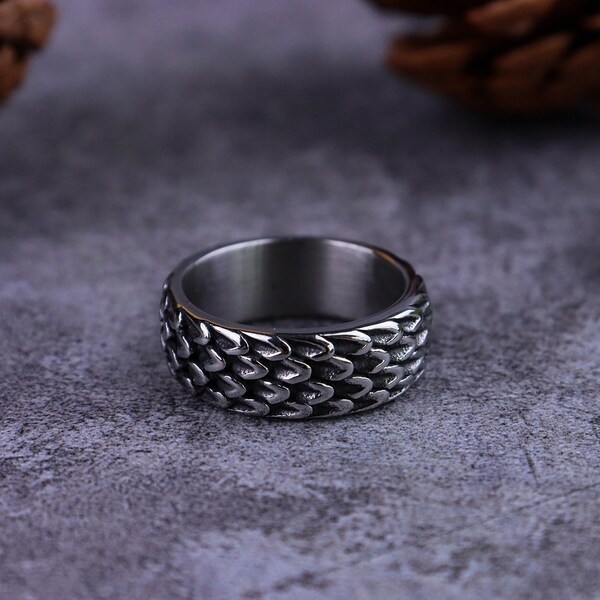 Gothic Dragon Snake Scale Ring Stainless Steel Silver Viking Celtic Norse Metal Ring/Unique Mens Unisex Silver Ring Jewelry Jewellery