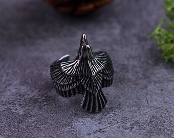 Gothic Flying Raven Ring /Black Stainless Steel-/Norse/Viking/Odin/Eagle/Crow/Bird/Jewelry/Animal Spirit,Punk Hip Hop Ring