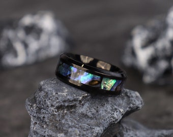 Black Abalone Band Ring-Greek Pattern Band Ring-Promise Band-Unisex Ring Men Women Jewelry-Anniversary Gift - Engagement Gift