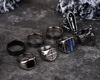 Herren Silber Ringe - Edelstahl Siegelringe - Ringe für Männer - Ringset - Silber Streetwear Schmuck - Unisex Ringe - Abalone Muschel -Retro