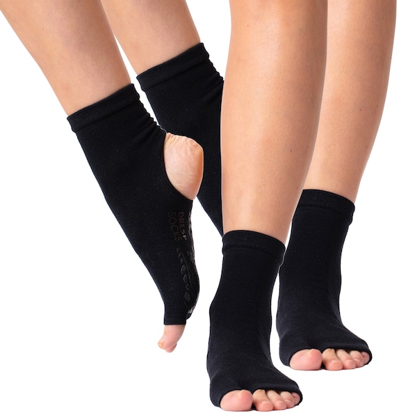 DRESP chaussettes de yoga élégantes sans orteils ni talons avec semelle antidérapante - revers en coton mélangé