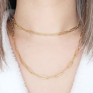 18K Gold Plated Paper Clip Chain, Adjustable Stainless Steel Link Necklace Image 1