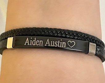 Custom Name Bracelet For Men, Engraved Bar Bracelet For Men, Personalized Bracelet, Thin Bar Bracelet With Leather, Engraved Plate Bracelet