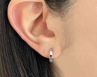 Fine Earrings 100% Silver 925 Minimalist Round Hinged Hoops, Sleeper Earrings, Silver Huggie ,925 Silver Huggie Hoop Earrings, Thick Earring