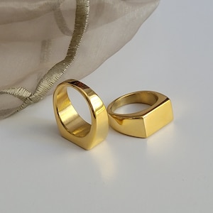 Engravable Gold Rectangle Signet Ring, Square Signet Ring For Men And Women