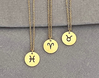 Zodiac Coin Necklace, 14k Gold Plated Stainless Steel, Astrology Pendant