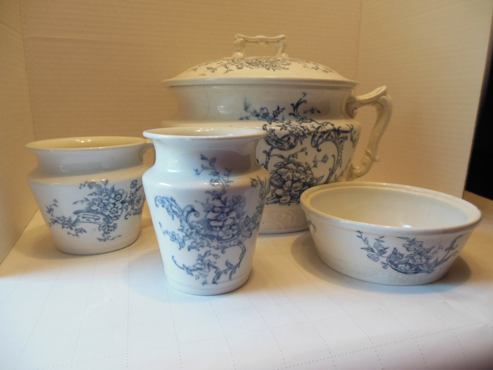 Antique Chamber Pot W/lid Wh/blue Floral W/3 More Pieces Home Decor for