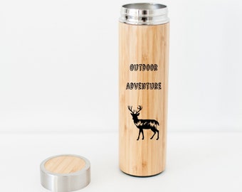 Bamboo Water Bottle - 17oz, Outdoor Adventure & Deer Figure, Gym Water Bottle, Eco-Friendly Fitness Tumbler, Hunting Water Bottle