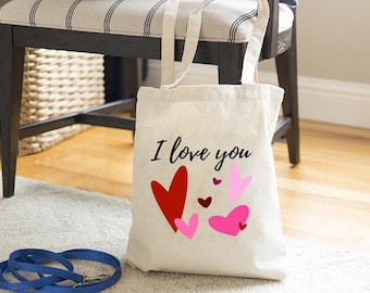 Valentine’s Day Tote Bag, I Love You Hearts, Canvas Tote Bag, Custom Tote Bag, Utility Tote, Custom Shop Bag, Fun Cute Love, Teacher Bag