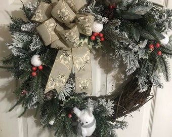 Owl wreath Christmas Snow Owl Decor Country Owl Front Door Wreath Christmas Wreath,Rustic Decor Christmas decor Farmhouse White Owl