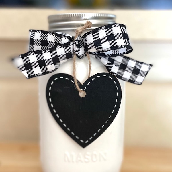 White Mason Jar , Black /White Buffalo Check Ribbon, with Heart Chalkboard and Chalkboard Pen