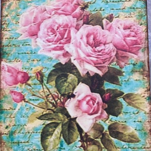 Vintage French Country Script Wall Art, Floral Pink Roses, Shabby Chic