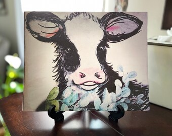 Farmhouse Country Cow Wall Art ,with Light Blue Hydrating Flowers and Hints of Purple on 8in x 10in Canvas Board