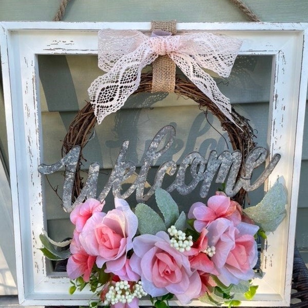 French Farmhouse Country Wreath, Slightly Distressed Frame with Gorgeous Soft Pink Two-Tone Roses, Berries Greens, and a Soft Pink Lace Bow