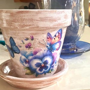 Farmhouse Distressed Terracotta 6" Clay Pot/Planter with Pretty Flowers & Butterflies