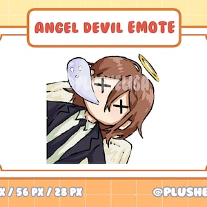 May include: A cartoon illustration of a person with brown hair wearing a black suit and a halo. The person has a ghost-like figure coming out of their mouth. The person has an X over their eyes. The text "ANGEL DEVIL EMOTE" is at the top of the image.