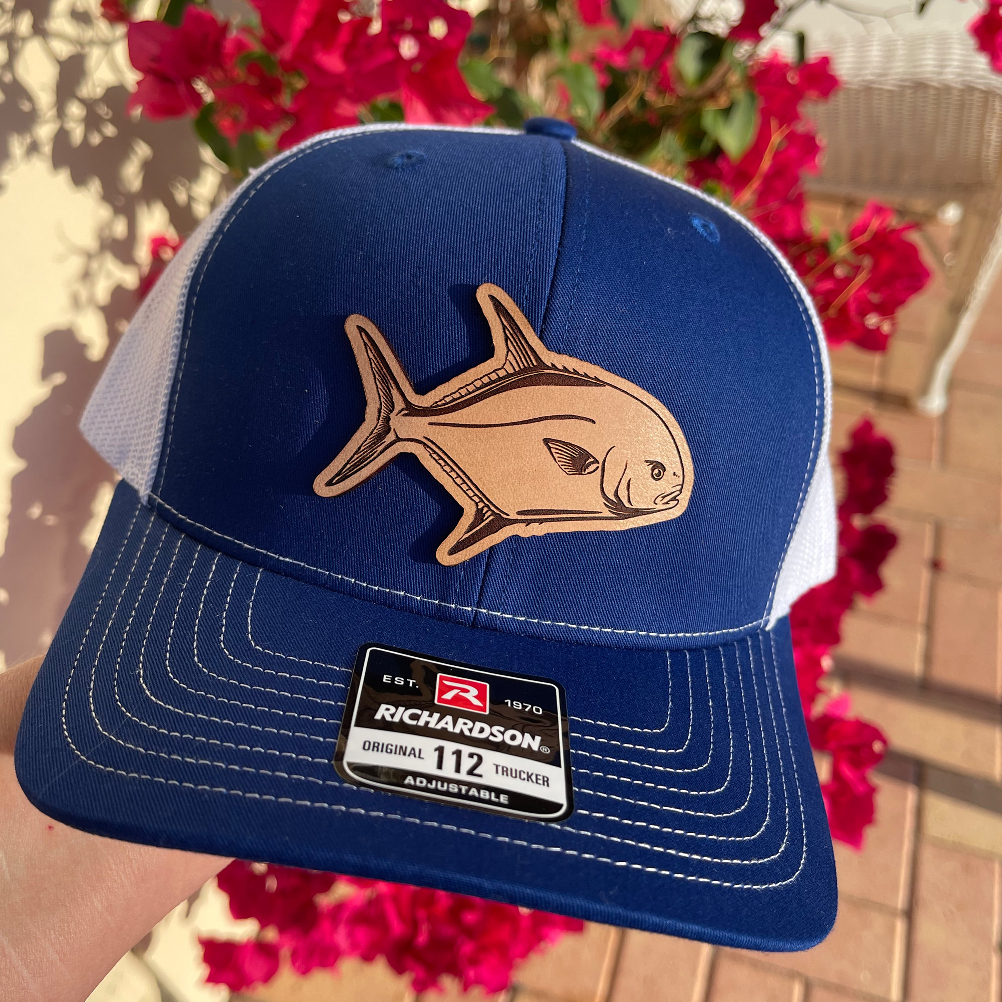 Pompano Fish Hat Custom Laser Engraved Leather Patch Hat Richardson 112 Snapback Great Gift for