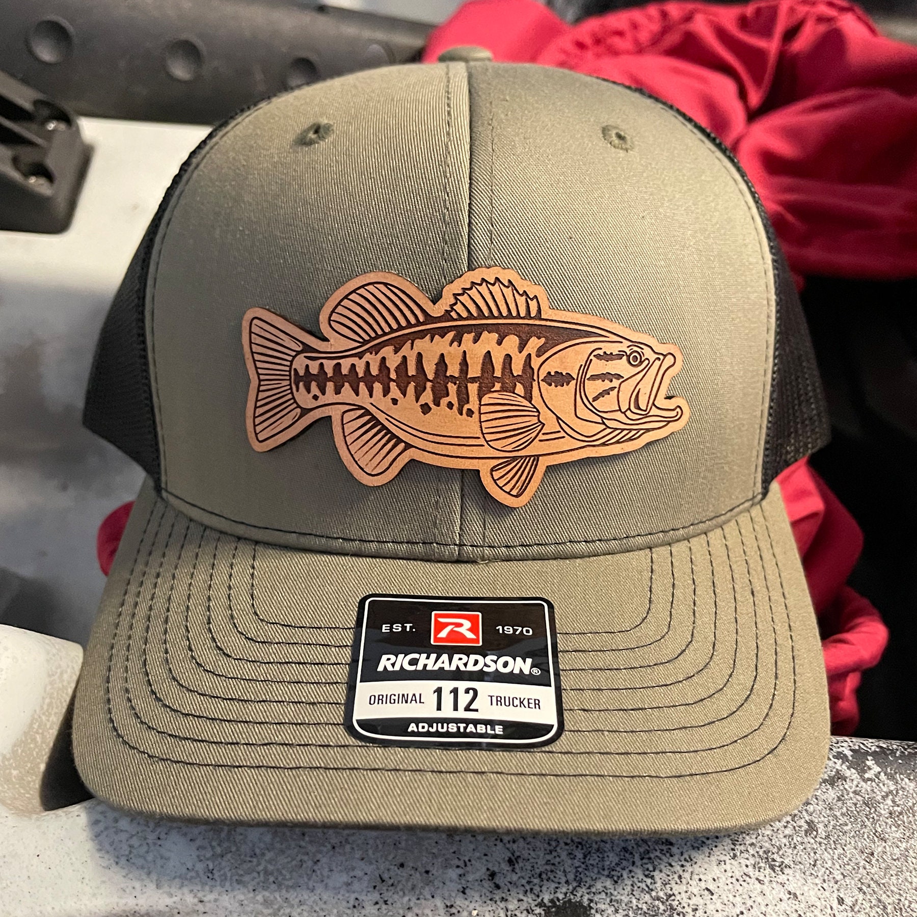 Bass Fishing Leather Patch Hat, Trucker Hat, Large Mouth Bass