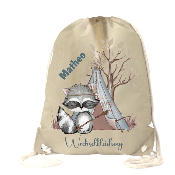 Waschbärs Abenteuer - personalisierter Turnbeutel Sportbeutel Kindergartentasche - für Kita, Kindergarten, Schule oder Freizeit - Baumwolle