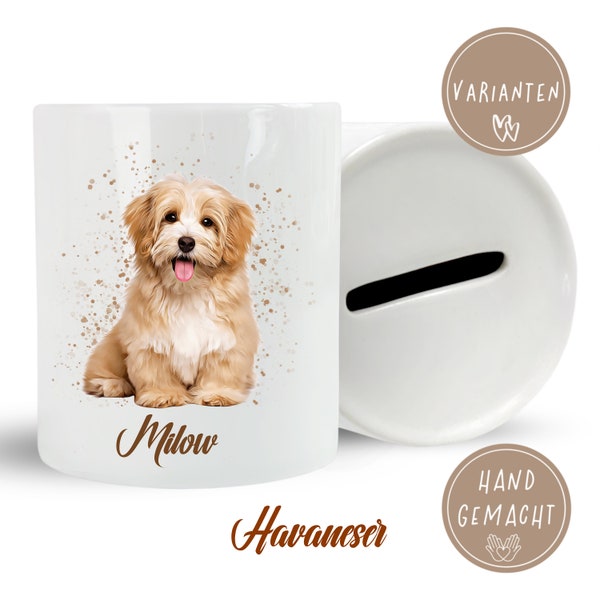 Personalisierte Sparbüchse Havaneser mit Name | Hundemotiv | Geschenk für Hundebesitzer | Spardose mit Hund