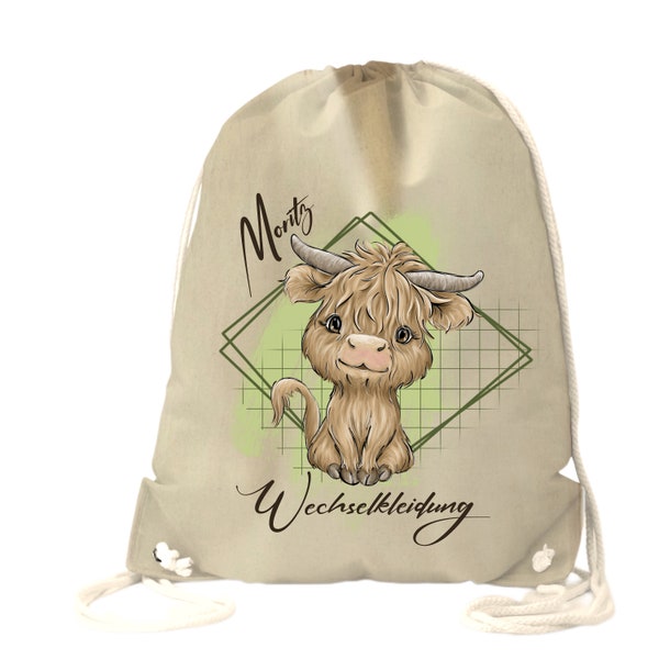Hochlandrind - personalisierter Turnbeutel Sportbeutel Kindergartentasche - für Kita, Kindergarten, Schule oder Freizeit - Baumwolle