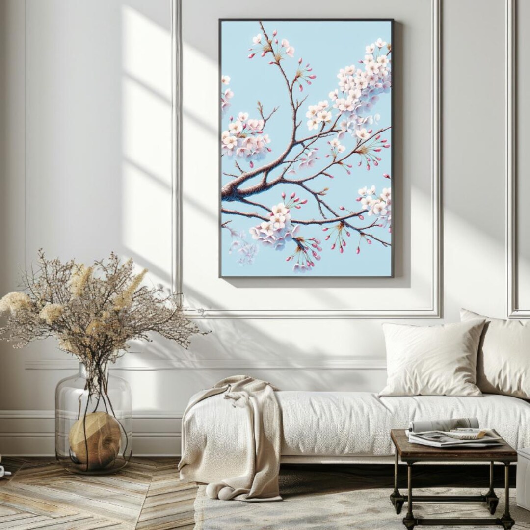 Delicate Cherry Blossom Branch Art Print | Pastel Pink & Blue Floral ...