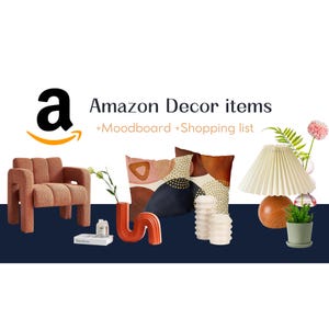 May include: A mood board featuring home decor items, including a burnt orange armchair, a cream lamp with a pleated shade, a vase with a curved, abstract design, and two throw pillows with abstract patterns in shades of orange, brown, and black. The text "Amazon Decor items +Moodboard +Shopping list" is displayed at the top of the image.