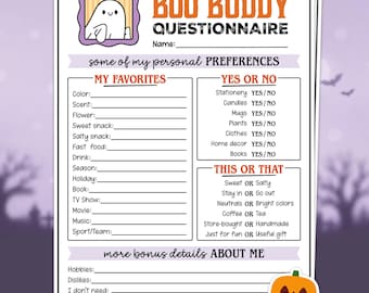 Halloween Boo Buddies Questionnaire, Boo Buddy Questionnaire, Office Boo Basket Survey, Team Building Gift Exchange, My Favorite Things List