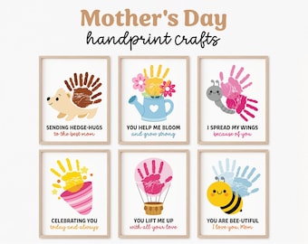 May include: Six framed Mother's Day handprint art prints. Each print features a different design, including a hedgehog, watering can with flowers, butterfly, party horn, hot air balloon, and a bee. Text includes phrases like "Sending hedge-hugs" and "You are bee-utiful."