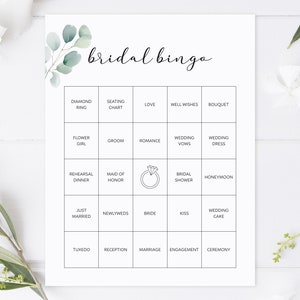 Jeu de bingo pour la mariée imprimable, cartes de bingo pour la douche nuptiale minimaliste moderne, bingo de mariage, brise-glace EVJF, verdure d'eucalyptus