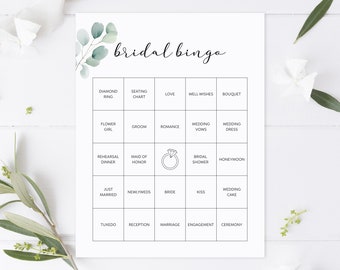 Juego de bingo imprimible para despedida de soltera, tarjetas de bingo modernas y minimalistas para despedida de soltera, bingo de boda, rompehielos para despedida de soltera, vegetación de eucalipto