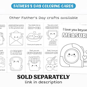 Pu&ograve; includere: Una collezione di biglietti da colorare per la festa del pap&agrave; in bianco e nero con illustrazioni carine e giochi di parole. I disegni includono un barattolo di vernice, una busta, piselli, un trofeo, un metro a nastro, formaggio, pane tostato, patatine fritte e ciliegie.